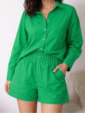Bright Green Button-Up Shirt & Elastic Waist Shorts Set